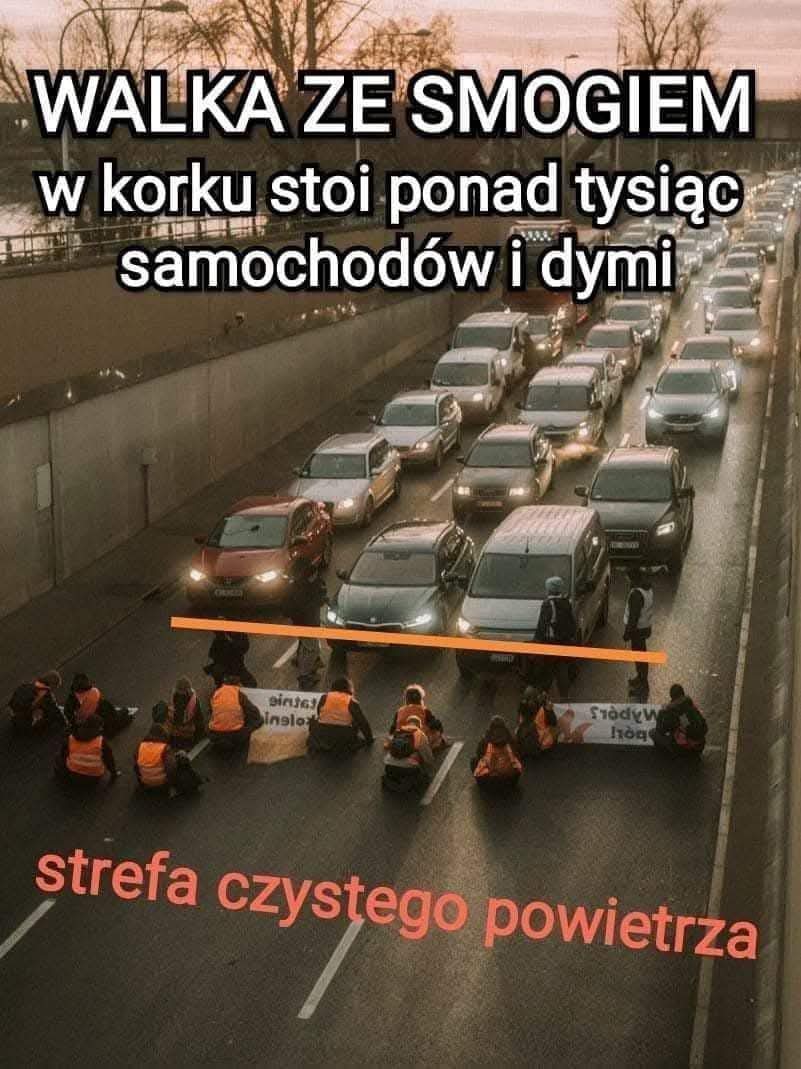 <a href="/OstatniePokolen/">Ostatnie Pokolenie</a> Czy wam do tych zakutych ekologicznych zielonych głów nie trafia że  wasze działania , powiększają emisję spalin? Zablokowana ulica to długi  ,korek i stojące auta które emitują spaliny .