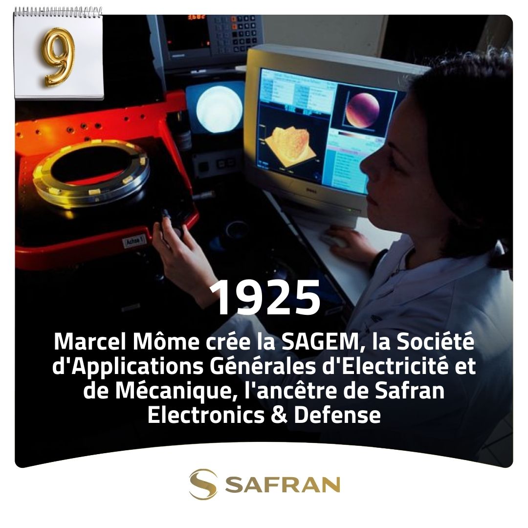 SAFRAN's tweet photo. C'est le 9ème jour de notre #calendrier de #décembre dédié à l'#histoire #aéronautique et #spatiale ! ✨
En 1925, Marcel Môme créait la Société d'Applications Générales d'Electricité et de Mécanique (#SAGEM). L'entreprise, dont l'activité principale est la mécanique, se spécialise rapidement dans les équipements de précision pour la Marine nationale.
L'année prochaine, la SAGEM, aujourd'hui Safran Electronics & Defense, fêtera ses 100 ans ! 👏

@SafranElecDef #avgeeks #aviationhistory