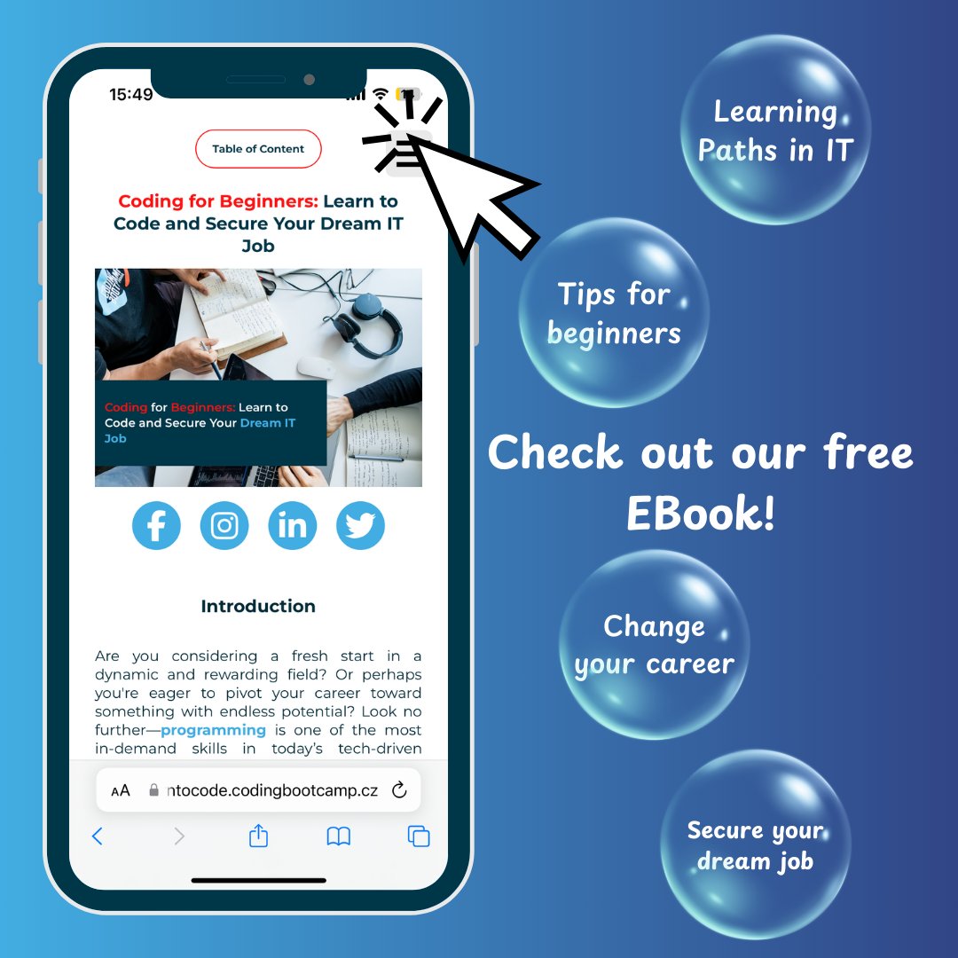 codeBoot's tweet image. Looking to kickstart your career in tech and land your dream job?  Our free EBook: Coding for Beginners: Learn to Code and Secure Your Dream IT Job, is here to guide you every step of the way!

To learn more click here:
learntocode.codingbootcamp.cz 
 #DreamJob #LearnToCode