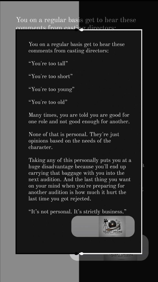 JaffbhattTweets's tweet image. Rejection in casting isn’t personal—it&apos;s about the character&apos;s needs. Stay focused, let go, and prepare for the next opportunity.

#CastingTips #StayFocused #ActingJourney #AuditionLife #ActorsMotivation