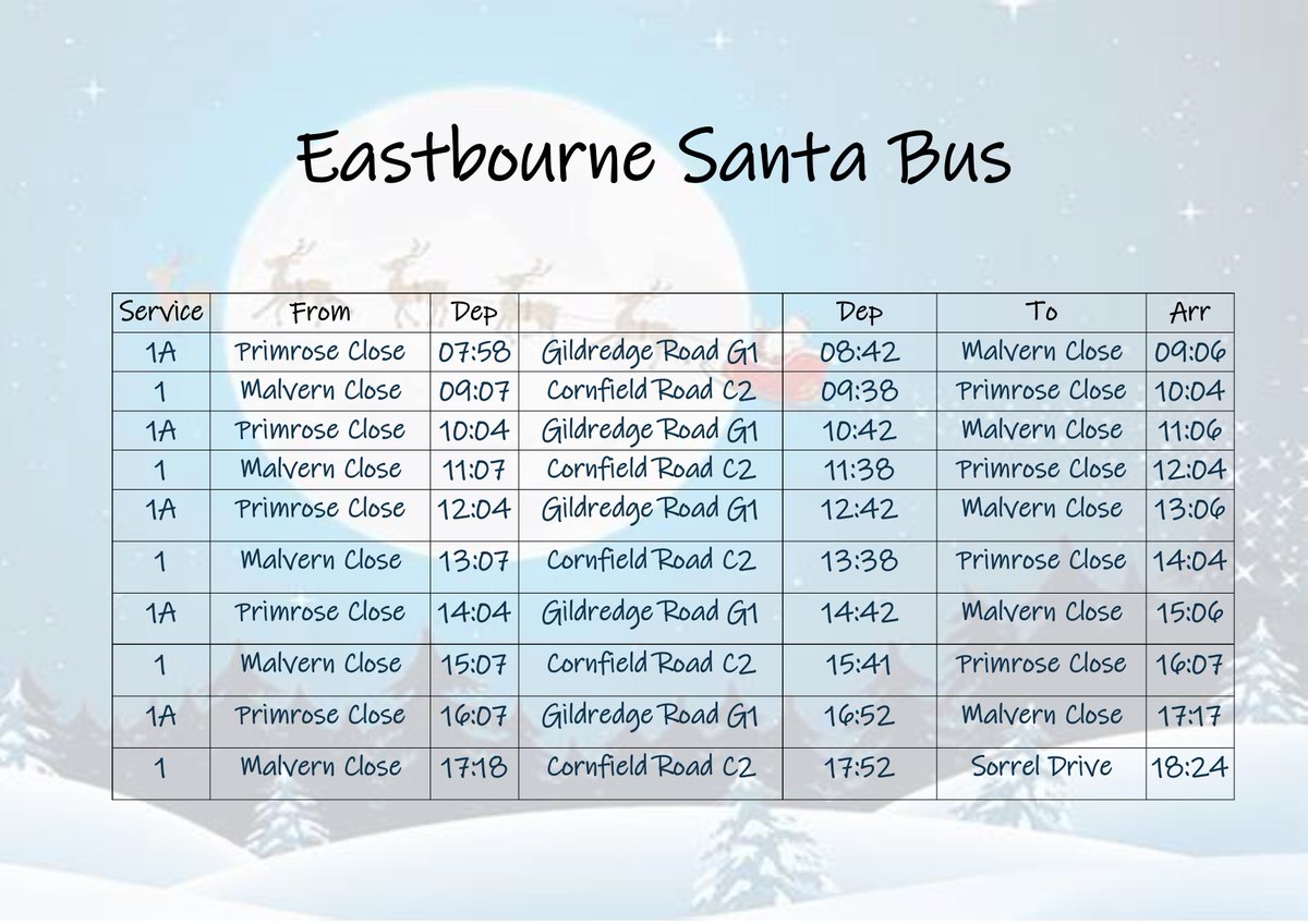 StagecoachSE's tweet photo. 🎅 All Aboard the #Eastbourne Santa Bus 🎅 Santa is making his rounds today with some special treats for children on the nice list! But watch out 👀... We hear the Grinch may be lurking nearby! Check out the timetable below &amp; catch the holiday cheer! #SantaBus #GrinchWatch https://t.co/ia6wga63pv