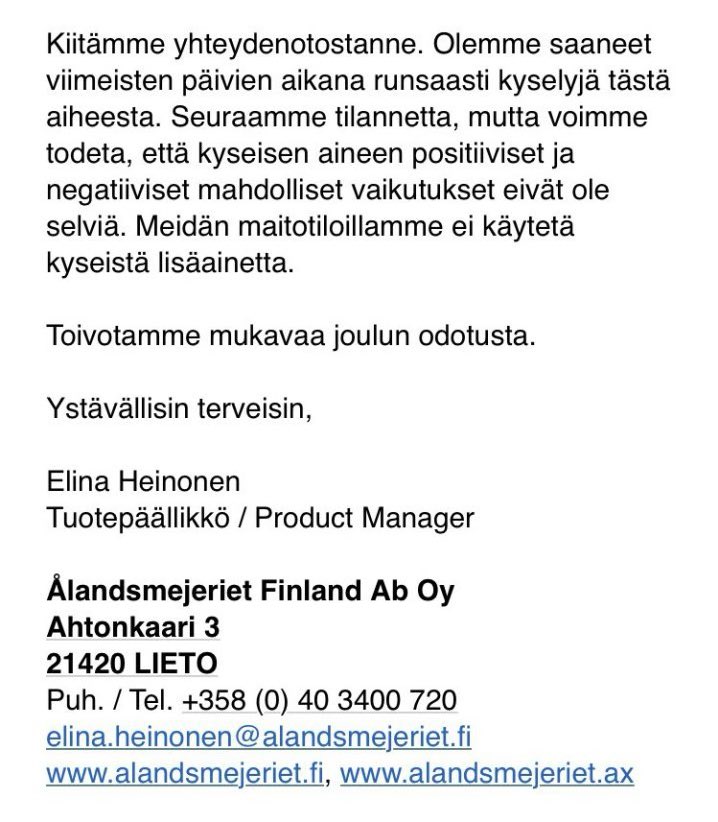 Terrrieri's tweet photo. Ålands Meijeriet on vahvistanut ettei heidän maitotiroillaan käytetä Bovaer lisäainetta. https://t.co/x9GshpAFwd