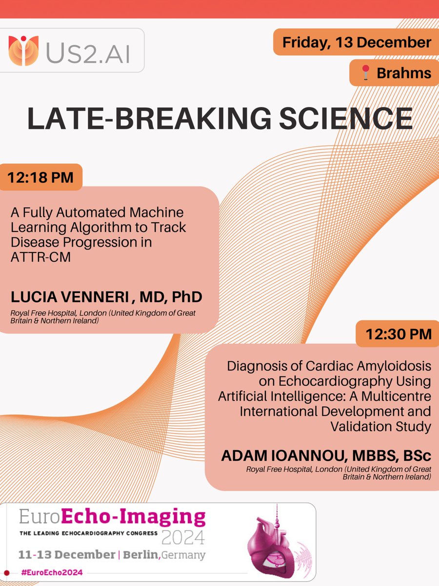 Exciting News from Us2.ai at #EuroEcho2024!

📣 Late-Breaking Science at EuroEcho–Imaging 2024 in Berlin! Presenting latest advances in the field of Cardiac Amyloidosis with Us2.ai.

Don’t miss these groundbreaking studies showcasing AI-driven