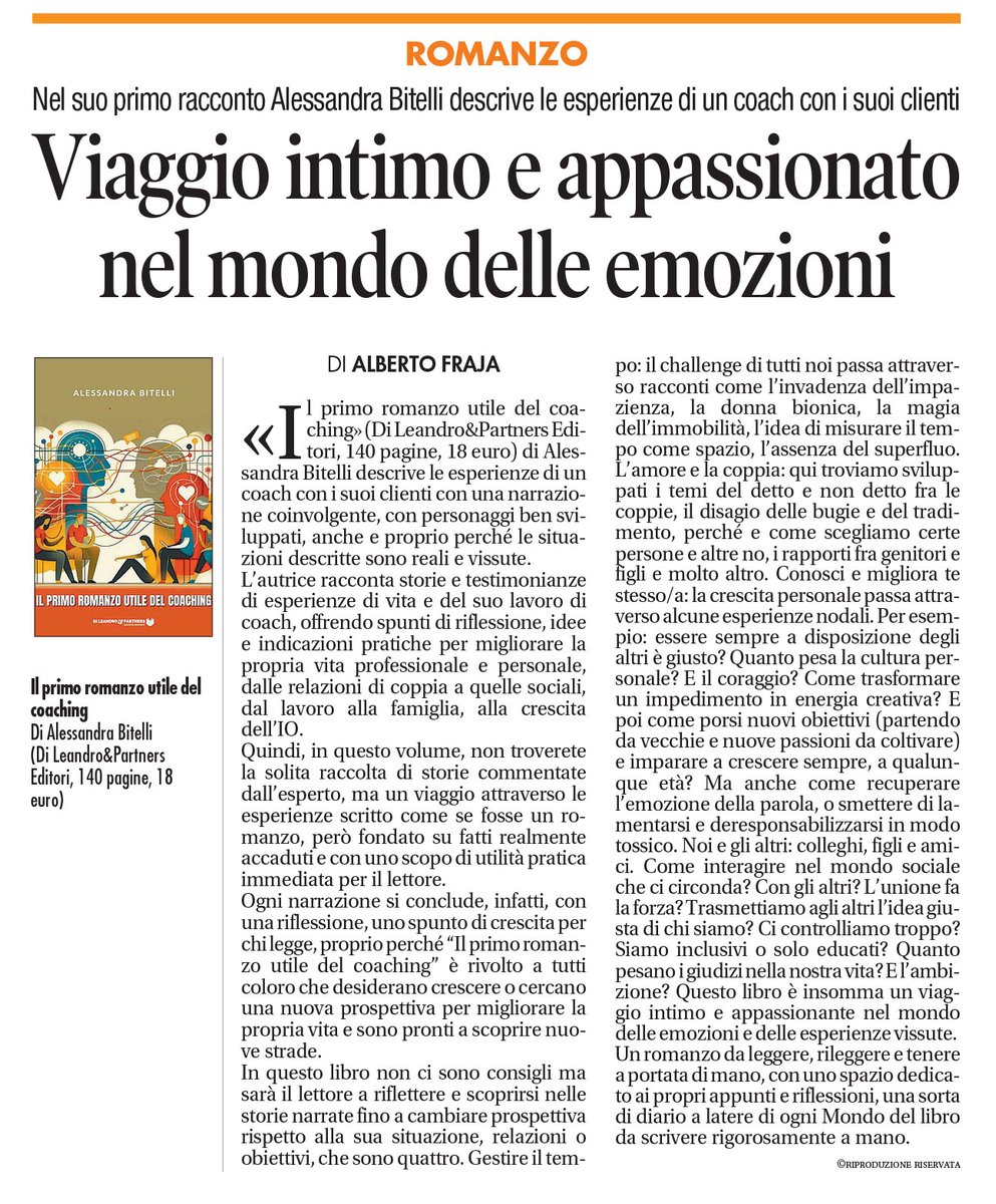📰Rassegna Stampa grazie <a href="/tempoweb/">IL TEMPO</a> 
Il primo romanzo utile del Coaching di Alessandra Bitelli "è un viaggio intimo e appassionante nel mondo delle emozioni e delle esperienze vissute. Un romanzo da leggere, rileggere e tenere a portata di mano" #dileandroeditore #autoridileandro