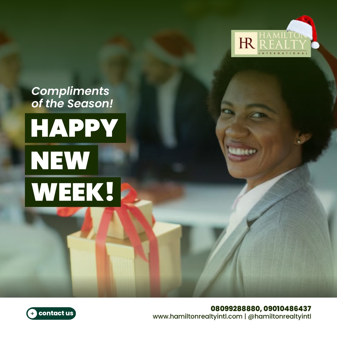 HamiltonRealtyI's tweet photo. Happy New Week! ✨ 
Wishing you a week filled with positivity, growth, and prosperity. 

Ready to find your dream home? 🏡 
Contact us today!

#NewWeekNewGoals #RealEstate #Property #LagosRealEstate #HamiltonRealty #Nigeria #Homeowner #Investment https://t.co/vZsXvV9niJ