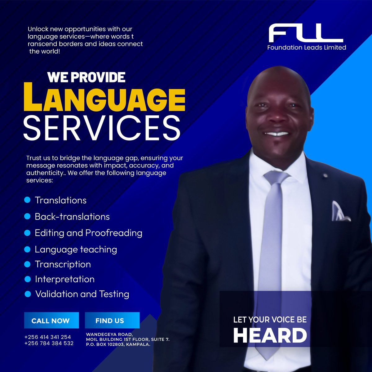 We provide the following Language Services
1. Translations
2. Back-translations
3. Editing and Proofreading
4. Language teaching
5. Transcription
6. Interpretation
7. Creation of original content
8. Validation and Testing
9. Coordination
10. Language consultancy
#LanguageServices