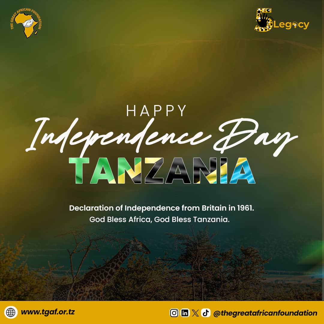 TGAFoundation_'s tweet photo. Happy Independence Day, Tanzania! 🇹🇿 
Today, we honor the journey of freedom since 1961 and celebrate the beauty and resilience of our nation. God Bless Tanzania, God Bless Africa. 
.
.
.
.
.

#IndependenceDay #Tanzania #TGAFLegacy #TGAF https://t.co/NBhzP8vzQP