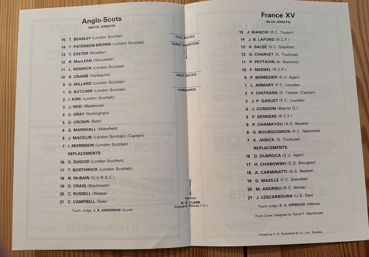 Anglo Scots v France 1987 <a href="/HoweOfFifeRFC/">Howe of Fife RFC</a> 

An unusual match played with strong lineups after the first Rugby World Cup in 1987

<a href="/Scotlandteam/">Scottish Rugby</a> <a href="/FranceRugby/">France Rugby</a> <a href="/ScotRugbyPod/">Scottish Rugby Podcast 🏳️‍⚧️</a> <a href="/ScotRugbyBlog/">Scottish Rugby Blog 🏴󠁧󠁢󠁳󠁣󠁴󠁿</a> <a href="/scotrugbycoach/">Scottish Rugby Game Development</a> <a href="/RugbyVous/">Parlez-Vous French Rugby</a> <a href="/frenchrugbypod/">French Rugby Podcast</a> <a href="/Top14Ter/">French Rugbymen</a> <a href="/LondonScottish/">London Scottish FC</a> <a href="/MaidstoneRugby/">Maidstone Rugby</a>
