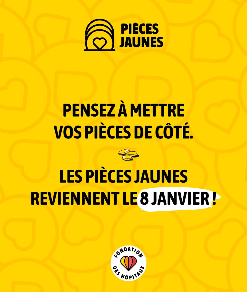 Pièces Jaunes (@piecesjaunes) on Twitter photo ⏳ J-30 avant le lancement de l’opération Pièces Jaunes 2025 !
Du 8 janvier au 8 février 2025, la <a href="/FondHopitaux/">Fondation des Hôpitaux</a> vous donne rendez-vous pour le lancement officiel de la 36ème édition de son emblématique opération Pièces Jaunes !
D'ici là, mettez vos pièces de côté🪙🧡 ⏳ J-30 avant le lancement de l’opération Pièces Jaunes 2025 !
Du 8 janvier au 8 février 2025, la <a href="/FondHopitaux/">Fondation des Hôpitaux</a> vous donne rendez-vous pour le lancement officiel de la 36ème édition de son emblématique opération Pièces Jaunes !
D'ici là, mettez vos pièces de côté🪙🧡