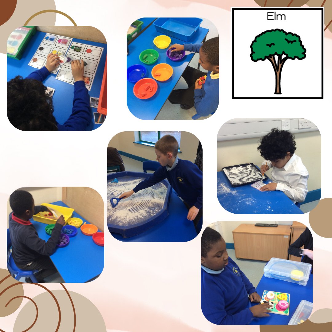 This week in Elm class the children have been working really hard to sort and match our colours independently and use symbols to label them.  They have also been mark making in flour using different tools and their hands.