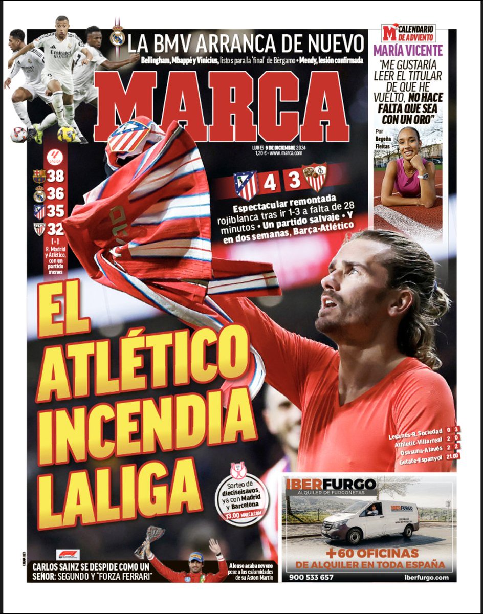 rrolfrexhaj's tweet photo. 09.12.2024 Sport/football newspaper headlines accross Europe (Spain 🇪🇸 /England 🏴󠁧󠁢󠁥󠁮󠁧󠁿 /Italy 🇮🇹 )

Marca:

Main headline: Atlético Sets La Liga on Fire

Sub-Headline: 

The BMW (Bellingham, Mbappe and Vinicius) starts again