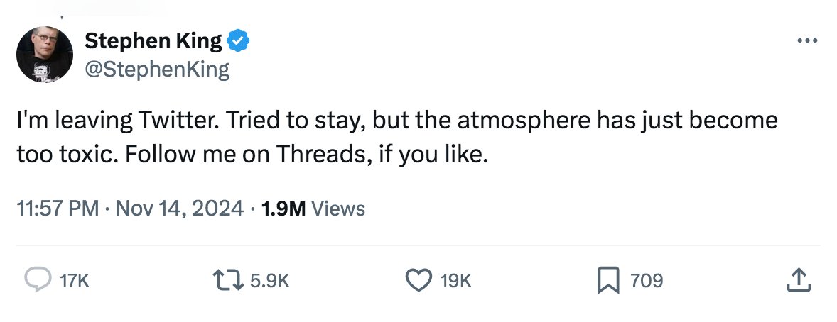 I feel relieved. Stephen King’s books have proven to be nowhere near as terrifying as the absolute horrors he’s been tweeting throughout 2024.