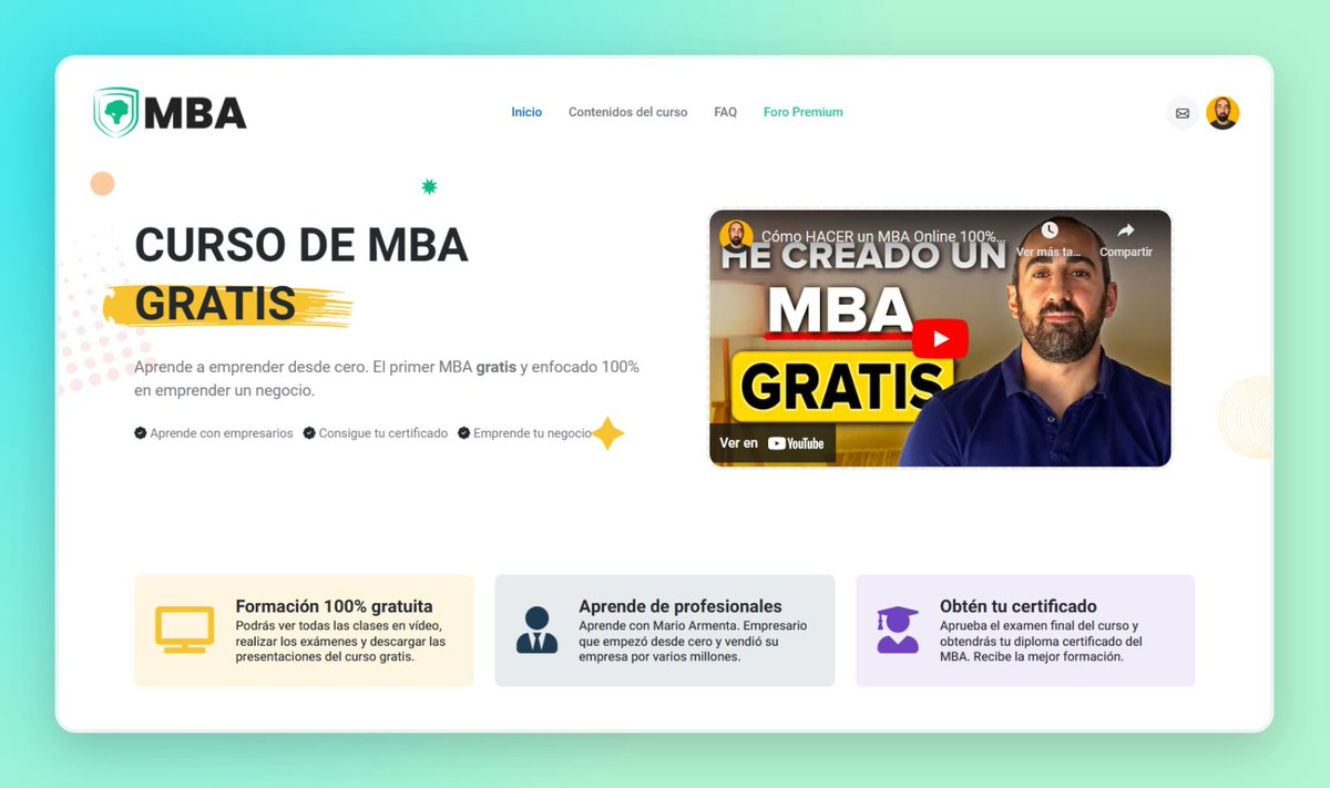 Después de 150 horas de trabajo y 5000€ de inversión... Ya puedes acceder al curso. 🔥

Un MBA para emprender GRATIS. 🎁

Comenzamos con 22 clases y 3 exámenes disponibles.

Entra en MBAGratis.es 🙌 (y comparte)

Muy pronto publicaré el módulo 4 de ventas.

Y estamos