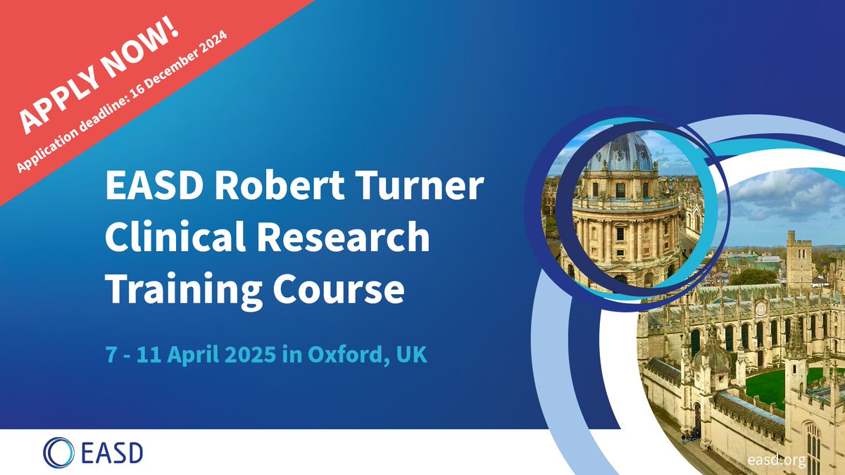 🚨REMINDER🚨Early career researchers don’t miss your chance to apply for the Robert Turner Clinical Research Training Course!🌍

✨ Open to all EASD Members
📅 7–11 April 2025, Oxford, UK
 🔗Apply by 16 Dec👉easd.org/rtc-2025.html 

#Diabetes #earlycareer #clinical #Researchers