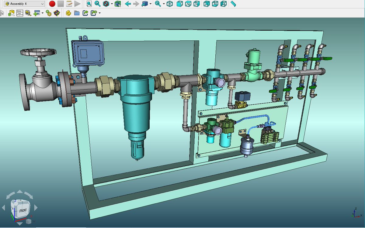 sy_paladin's tweet photo. #FreeCAD #Assembly4
表面加工装置(空想)の空気系統図です。🐌
現役時代(40年前)は、空気系統図(2D)を作図するだけ。😅
組付けは職人が担当。
隠居者にとって、FreeCADは現物を扱える気分になれて、とても楽しいです。🥰 https://t.co/nQcjOSXcc6