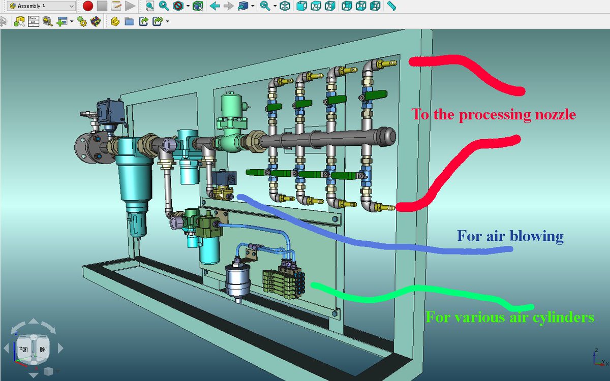 sy_paladin's tweet photo. #FreeCAD #Assembly4
表面加工装置(空想)の空気系統図です。🐌
現役時代(40年前)は、空気系統図(2D)を作図するだけ。😅
組付けは職人が担当。
隠居者にとって、FreeCADは現物を扱える気分になれて、とても楽しいです。🥰 https://t.co/nQcjOSXcc6