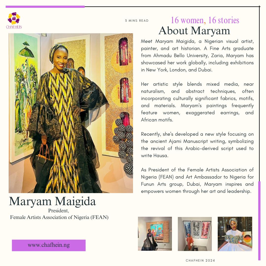 chafhein's tweet photo. Day 15 | #16DaysOfActivism2024
Today, we spotlight Maryam Maigida, a visionary painter and the President of the Female Artists Association of Nigeria (FEAN). Her creative mastery goes beyond art — it’s a call for empowerment and a celebration of women’s voices
#KimaWomanProject https://t.co/86Q6qdu727