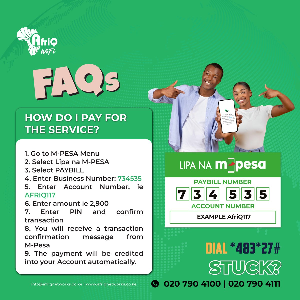 AfriQ_Wifi's tweet image. 🌟 Hello, New Week! 🌟
Simplify your payments with ease using our M-Pesa Paybill Number. Need assistance? We're just a call away: 📞 020 790 4100 | 📞 020 790 4111.
Let’s make it a great week together! 💼✨
#hellonewweek #hellomonday
Etana Pozze Jay Z DSTV Kibet Opiyo