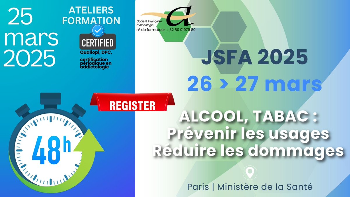 SFAlcoologie's tweet image. #JSFA2025 INSCRIPTION dans 48 h 
- le 25 mars 2025 : Formations
- le 26 et 27 mars 2025 : Journées nationales
- un temps d'échanges : @SantePubliqueFr @AlcoolScience @OFDT 
Thématique : Alcool, Tabac : épidémio, traitements, Prise en soins, patients .Un programmé dédié
#SFA #SFT