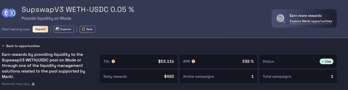 SupswapXyz's tweet photo. Gm #MoChads.

#Supswap liquidity campaign is live on @merkl_xyz .

Provide ETH-USDC liquidity in 0.05% range and earn share of 196 OP rewards daily. Current APR is 338%

Link in the follow tweet. https://t.co/5DtYyEJZTw