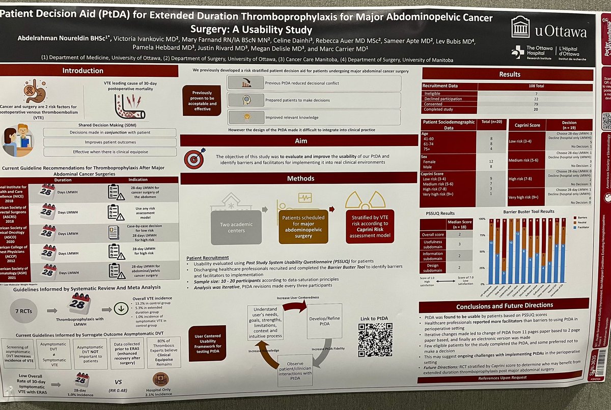 MarcCarrier1's tweet photo. Patient decision aids (PtDA) help to decrease decisional conflicts and prepare patients to make decision. 

@ANoureldi of @uOttawa presented that a PtDA about extended duration thromboprophylaxis post major abdominal surgery is usable and associated with many facilitators
#ASH24 https://t.co/sCGDLGaIT3