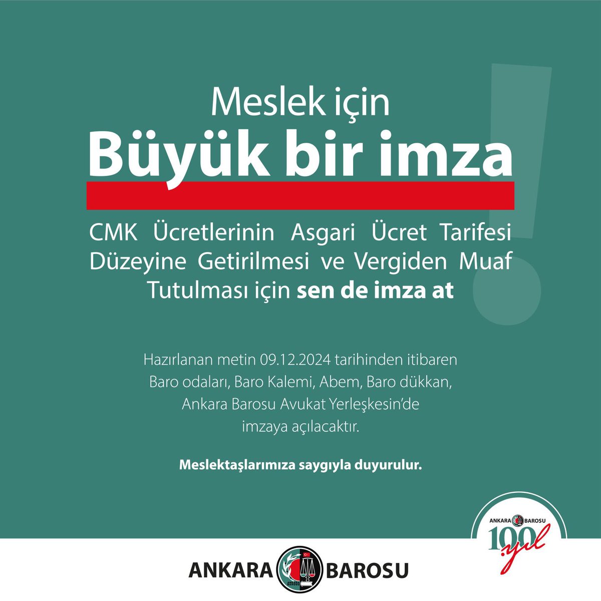 ankarabarosu's tweet photo. Meslek için
Büyük bir imza

CMK Ücretlerinin Asgari Ücret Tarifesi Düzeyine Getirilmesi ve Vergiden Muaf Tutulması için sen de imza at

Hazırlanan metin 09.12.2024 tarihinden itibaren Baro odaları, Baro Kalemi, Abem, Baro dükkan, Ankara Barosu Avukat Yerleşkesin'de imzaya açılacaktır.

Meslektaşlarımıza saygıyla duyurulur.