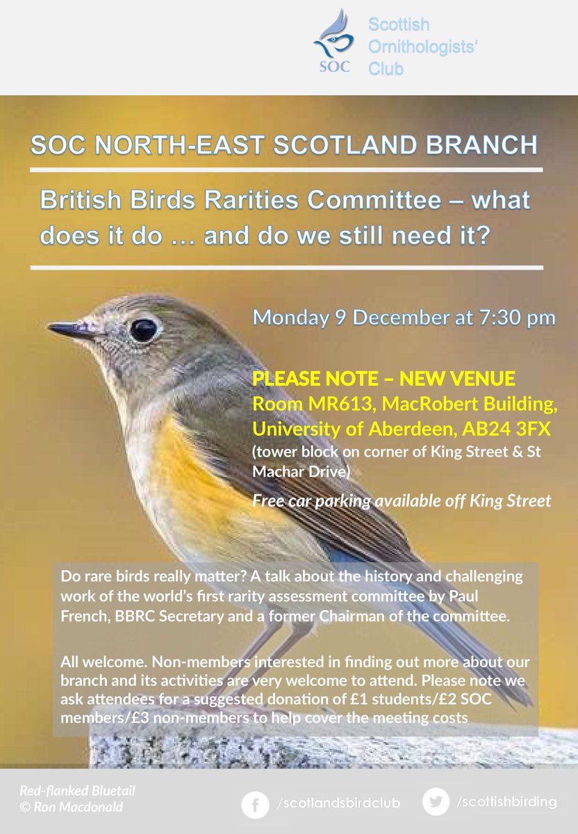 TONIGHT Mon 9 Dec  &gt; #RareBirds? Pioneers or vagrants? Do they matter? YES! But who keeps the record straight? Talk tonight about the important work of BBRC by Paul French for <a href="/ScottishBirding/">The SOC</a> 
MR613 Macrobert Building (corner of King St &amp; St Machar Drive) free parking, 7:30 pm
