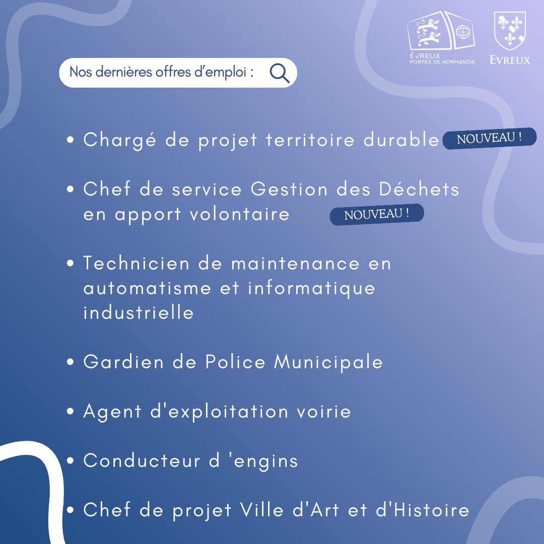 [#EMPLOI]

#Evreux et #aggloevreux recrutent !

&gt; Nouvelles offres : Chargé de projet territoire durable / ...

&gt; Offres en cours : Agent d'exploitation voirie / ...

👉 Pour postuler, envoyez votre CV et lettre de motivation ⤵️
evreuxportesdenormandie.fr/285-evreux-por…

#offreemploi