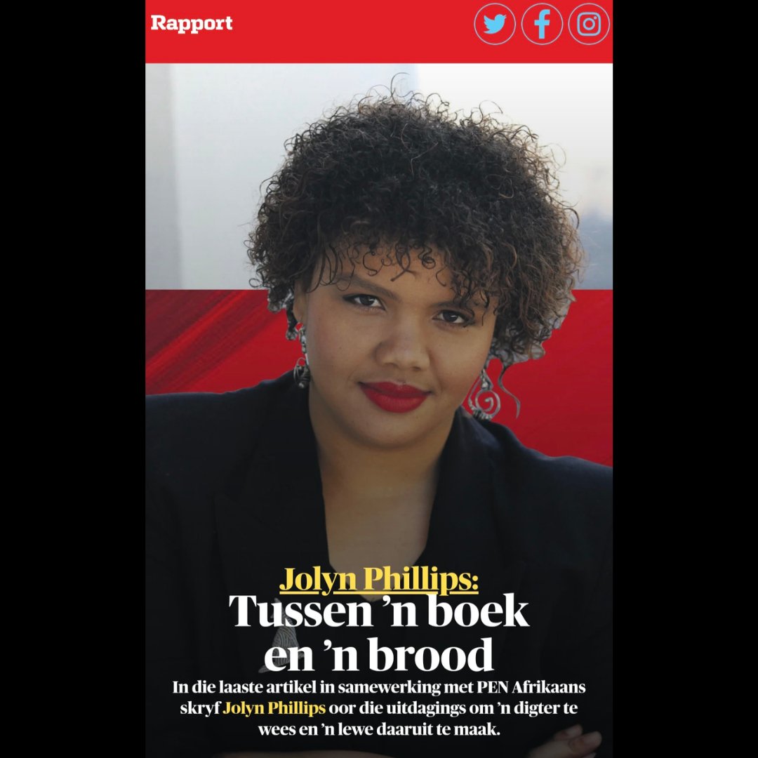 PenAfrikaans's tweet photo. In die vyfde en laaste artikel as deel van PEN Afrikaans se deelname aan die #righttowrite-projek, skryf Jolyn Phillips oor die uitdagings om 'n digter te wees en 'n lewe daaruit te maak.
Lees dit hier:  https://t.co/cSVwIOasMH
@pen_int 
@RapportSA 
@jolynchord 
#righttowrite https://t.co/W9jtiEIflI