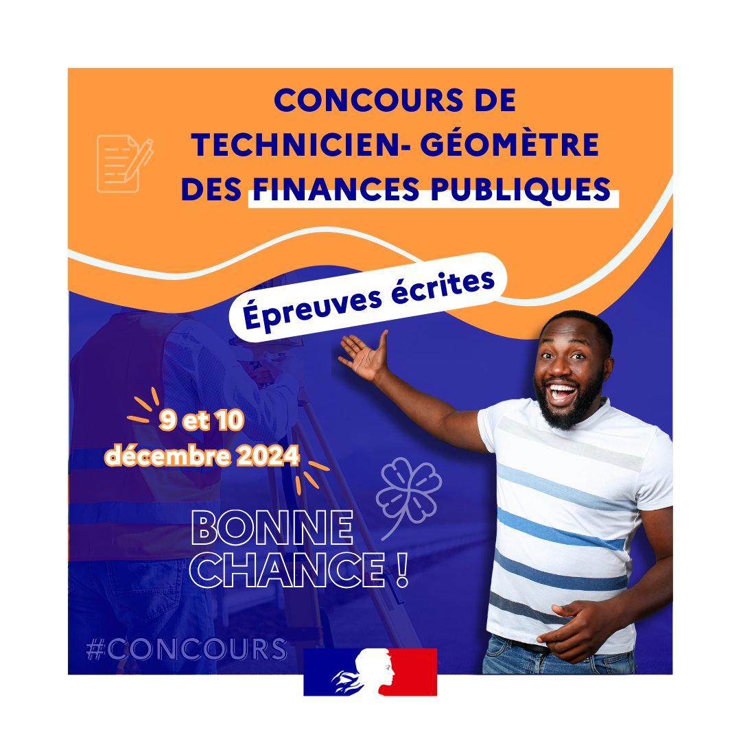 🤞🏼🍀 Bonne chance à tous les candidat(e)s qui vont composer aujourd'hui et demain pour les épreuves écrites du concours technicien-géomètre de la <a href="/dgfip_officiel/">Direction générale des Finances publiques</a> !

🗓️ Les résultats seront disponibles le 🔟 janvier 2025 !

➕ d'infos sur ce concours 👉 …lesfinancespubliques.economie.gouv.fr/rejoindre-les-…