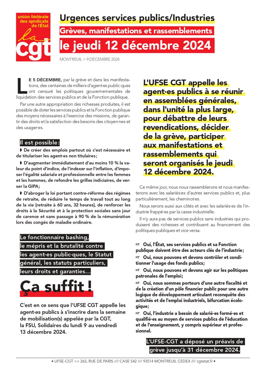 📣 Urgences Services publics/Industries : Grèves, manifestations et rassemblements le jeudi 12 décembre 2024.
Le fonctionnaire bashing, le mépris et la brutalité contre les agent·es public·ques : ça suffit !✊
Appel UFSE-CGT en téléchargement👇
 cgtetat.fr/fonction-publi…