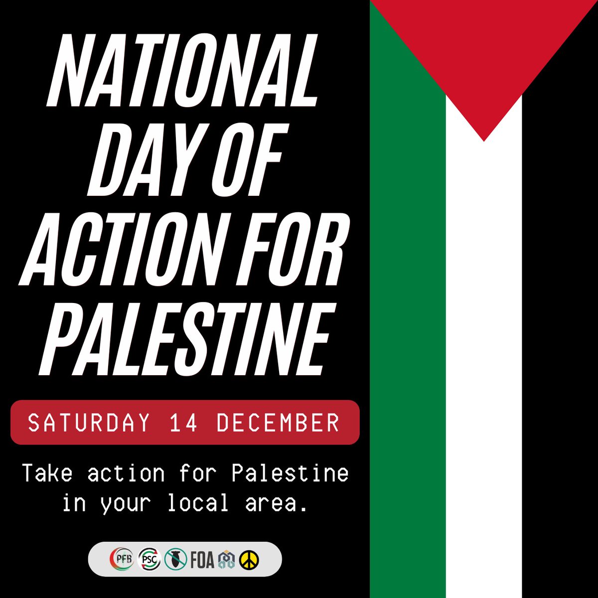 🚨 Day of action for Palestine
⏰ Saturday 14 December
📍 Your local area

Join an action for Palestine in your local community. Demand our government and corporations #StopArmingIsrael
 
Find your action here: palestinecampaign.org/events/nationa…