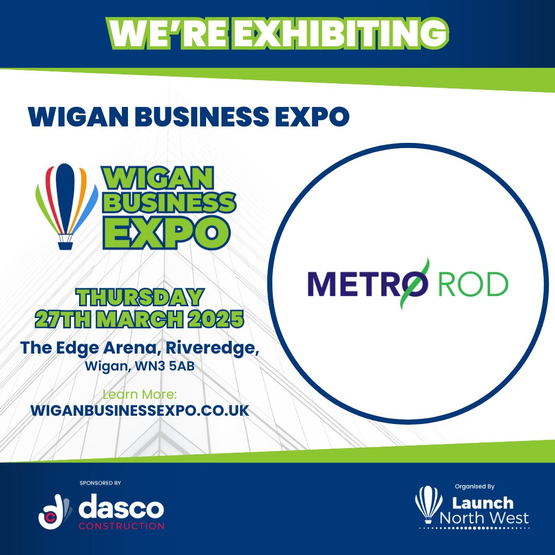 metrorodlancs's tweet photo. We're exhibiting! 

Wigan Business Expo is taking place on Thursday 27th March 2025 at The Edge Arena. 

See you there 👋 👋 

#expo #exhibit #wigan #business #metrorod #drains #drainage https://t.co/ISiM8VuMt8