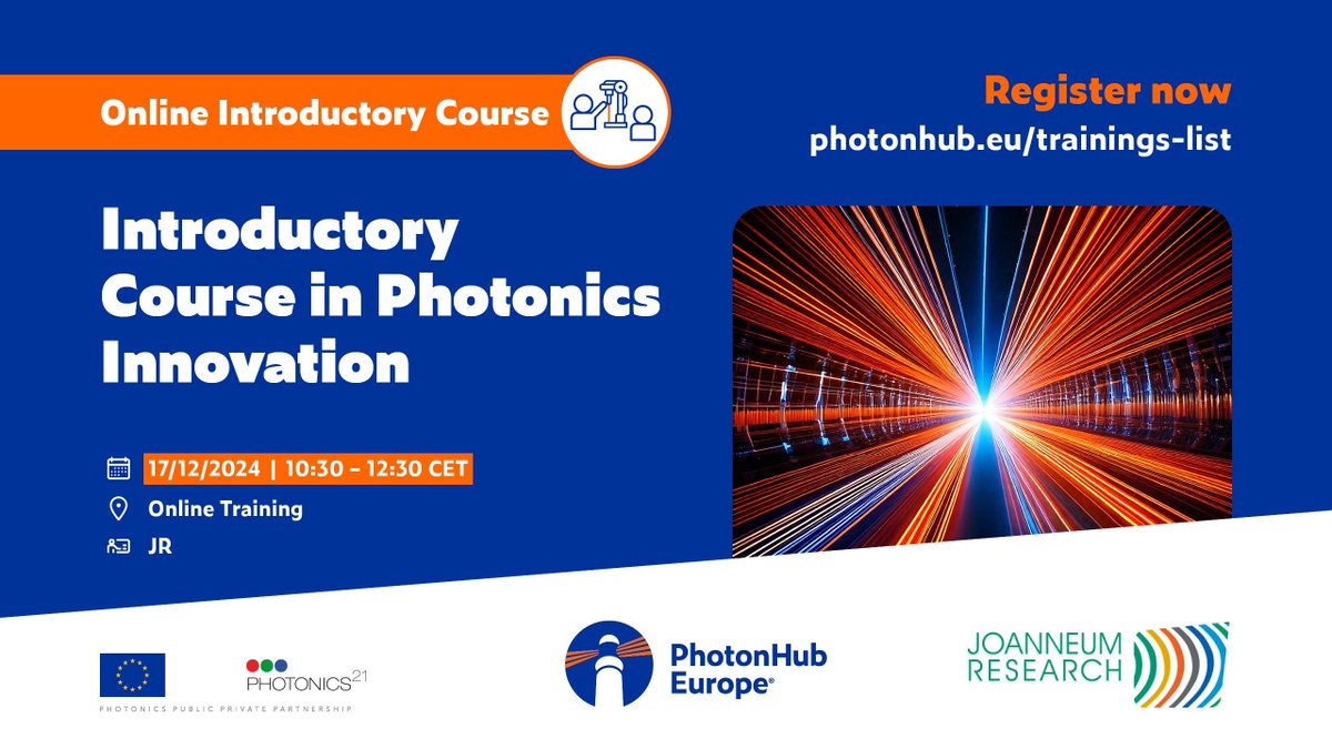 PhotonHub's tweet photo. 📢 @JOAN_RESEARCH is organising a FREE #PhotonHub Online Introductory Course in Photonics Innovation 💡🎓

📅 17/12/24, 10:30 – 12:30 CET
📍 Online Training
👉 https://t.co/3si9a4fnLM

#PhotonicsInnovation #OnlineCourse #Photonics101 #TechCourse #LearnPhotonics https://t.co/TbOZf6c0lb