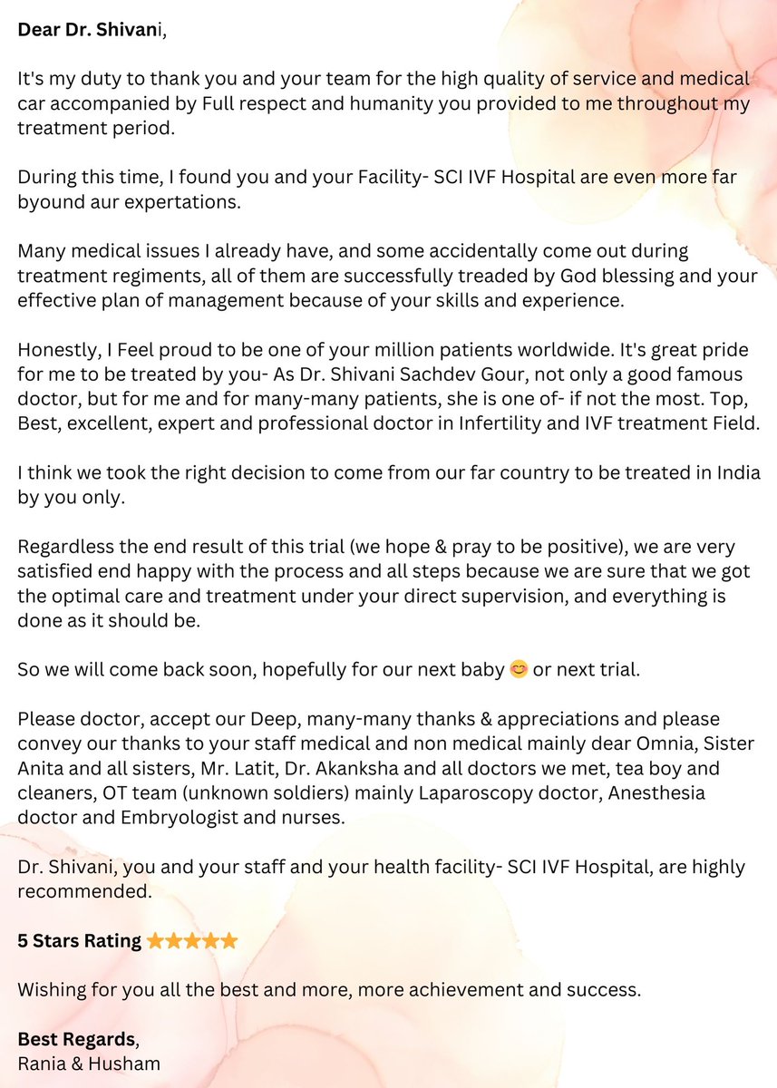 sciivf's tweet image. A happy couple shares their heartfelt gratitude to Dr. Shivani and SCI IVF Team for exceptional care and making their parenthood dream a reality. 🌟 

#IVFSuccess #Gratitude #DrShivaniSachdevGour #SCIIVFHospital #IVFExpert #IVFSuccess
