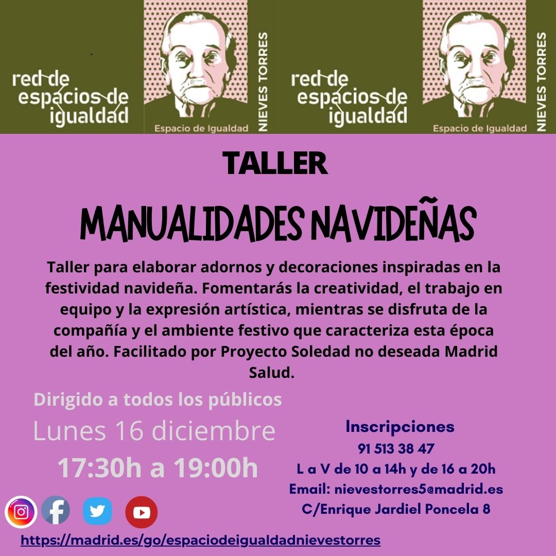 Taller de 🎆MANUALIDADES NAVIDEÑAS🎄 para elaborar adornos en buena compañia y en un ambiente festivo.
Facilitado por Proyecto Soledad no deseada Madrid Salud
Lunes 16 de diciembre de 17:30 a 19h.
Necesaria inscripción.