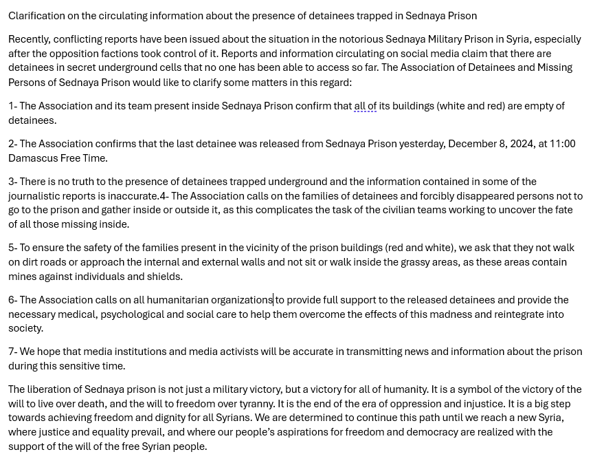 #Syria <a href="/sednayamissing/">ADMSP</a> the association of detainees &amp; the missing in in Sednaya prison that consist of former detainees issued this statement: 
Please be aware of circulating old and out-of-context footage and rumours