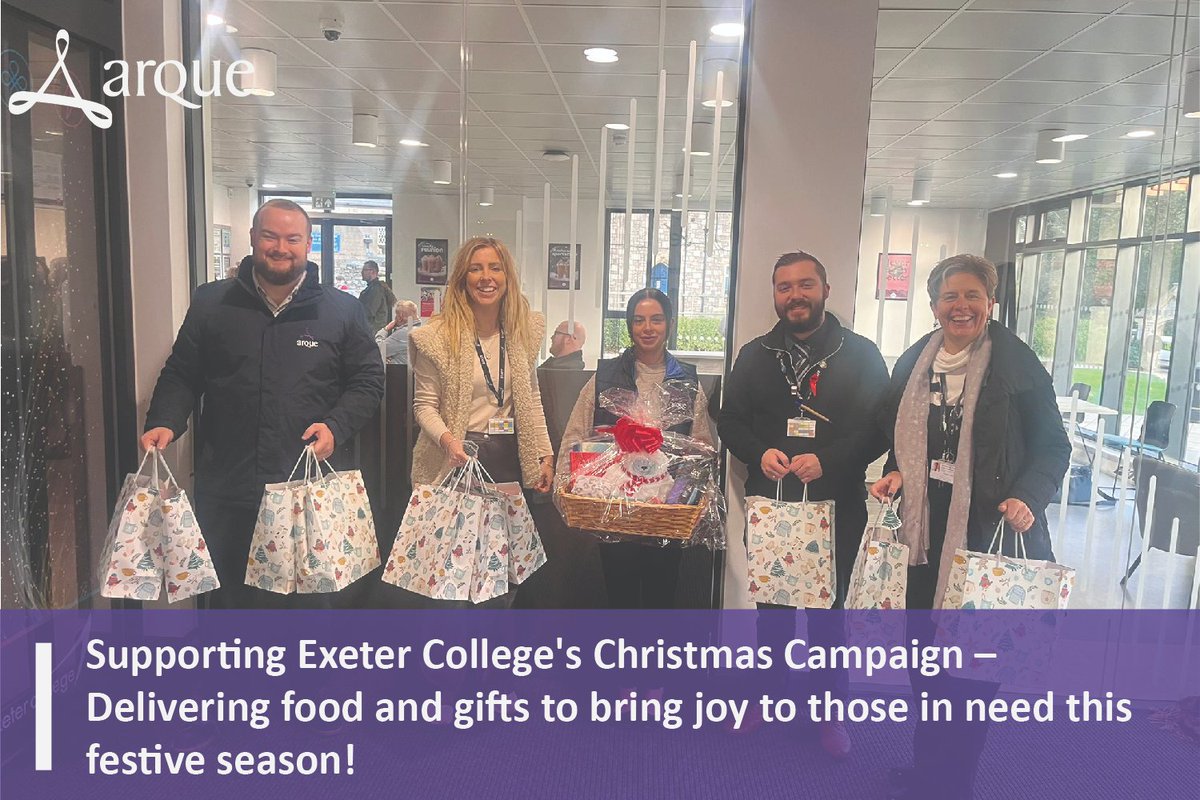 ArqueLtd's tweet photo. Some of the Arque team visited @ExeterCollege on Friday to donate to the HCP Faculty's Christmas campaign. We provided 10 takeaway food packages and a gift basket with toys and other gifts, helping to bring joy to those in need this festive season. 🎄✨#christmascampaign https://t.co/eegiQj4NFY