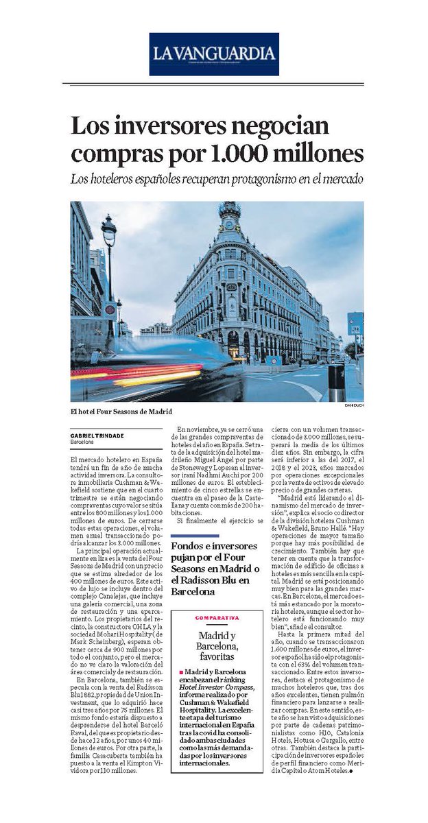 🏨 El mercado hotelero español cierra 2024 con operaciones por 3.000 millones de euros. 

Según Bruno Hallé, de <a href="/CushWakeSPAIN/">Cushman & Wakefield</a>: "#Madrid lidera el dinamismo del mercado de inversión; #Barcelona, pese a la moratoria, mantiene un sector hotelero fuerte." 

#BetterNeverSettles