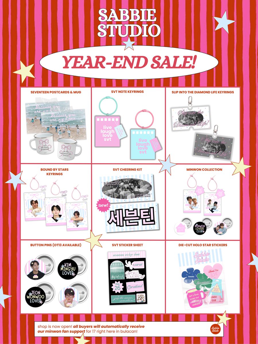 sabbie studio year-end sale: open! 💌

🍓order here: bit.ly/yearendcoll
⭐️ all orders will receive our minwon fan support for 17 right here!

🌐 open for intl g.o. (send dm)

t. svt seventeen pins keyring sticker anik anik