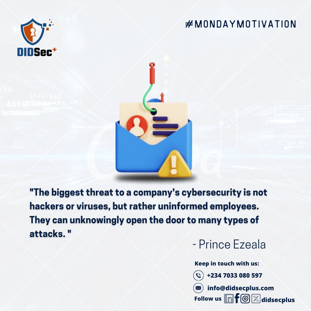 didsecplus's tweet photo. Simple actions like clicking a deceptive link or sharing sensitive info can have devastating consequences. Employee education is crucial. At Didsecplus, we help strengthen defences through knowledge and proactive strategies. #didsecplus #Cybersecurity #MondayMotivation https://t.co/raLztg58Lv