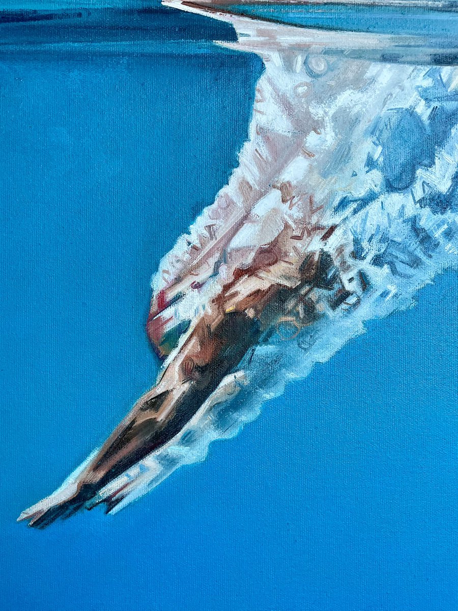 Phthaloturquois's tweet photo. Progress on #summerdive 

I’ve lightened the overall tone of the water as I’m after #summervibes Still further to go here. Figure looks a bit too orange tbh so I’ll need to sort that. But otherwise - I’m getting there! 

#oilpainting #swimmingart https://t.co/qM0N1N91hb