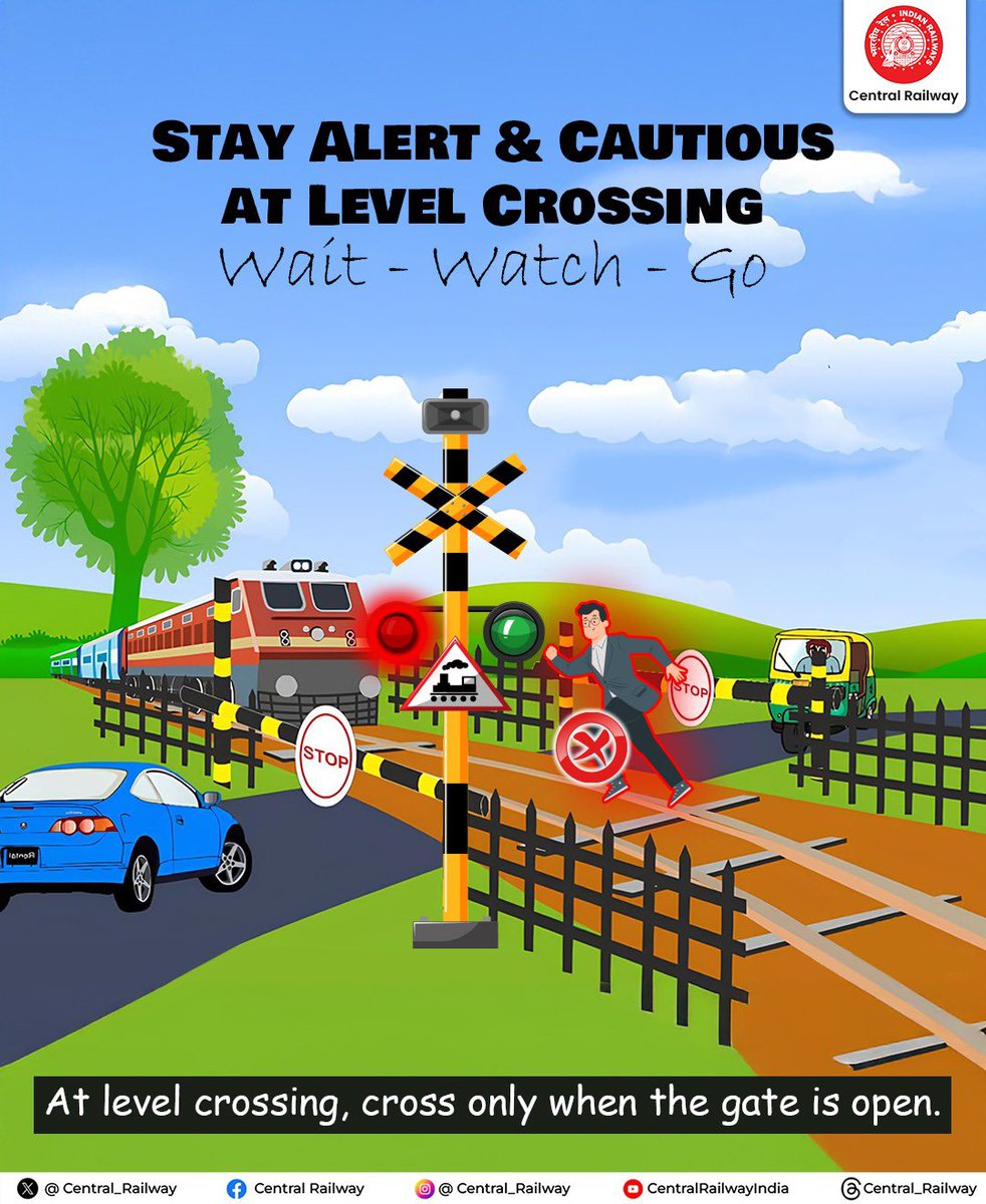 drmpune's tweet image. Stop. Look. Cross Safe!
At level crossings, wait for the gate to open.
Your safety comes first always stay alert.
#CentralRailway #LevelCrossing
#RailwaySafety