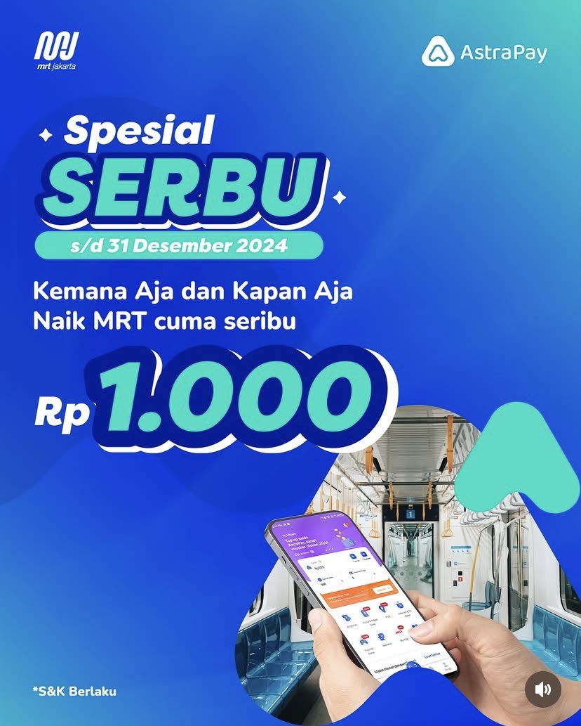 rfpramsw's tweet image. TAHU GAK SIHHHH?? 

Kalau @mrtjakarta x @AstrapayID lagi bikin promo SERBU (Serba Seribu) kemana aja dan kapan aja cuma SERIBU naik MRT! 

Promo ini #PastiBisa dinikmati hingga 10x transaksi sampai 31 Desember 2024

Naik transportasi umum apalagi MRT itu sat set loh 👌