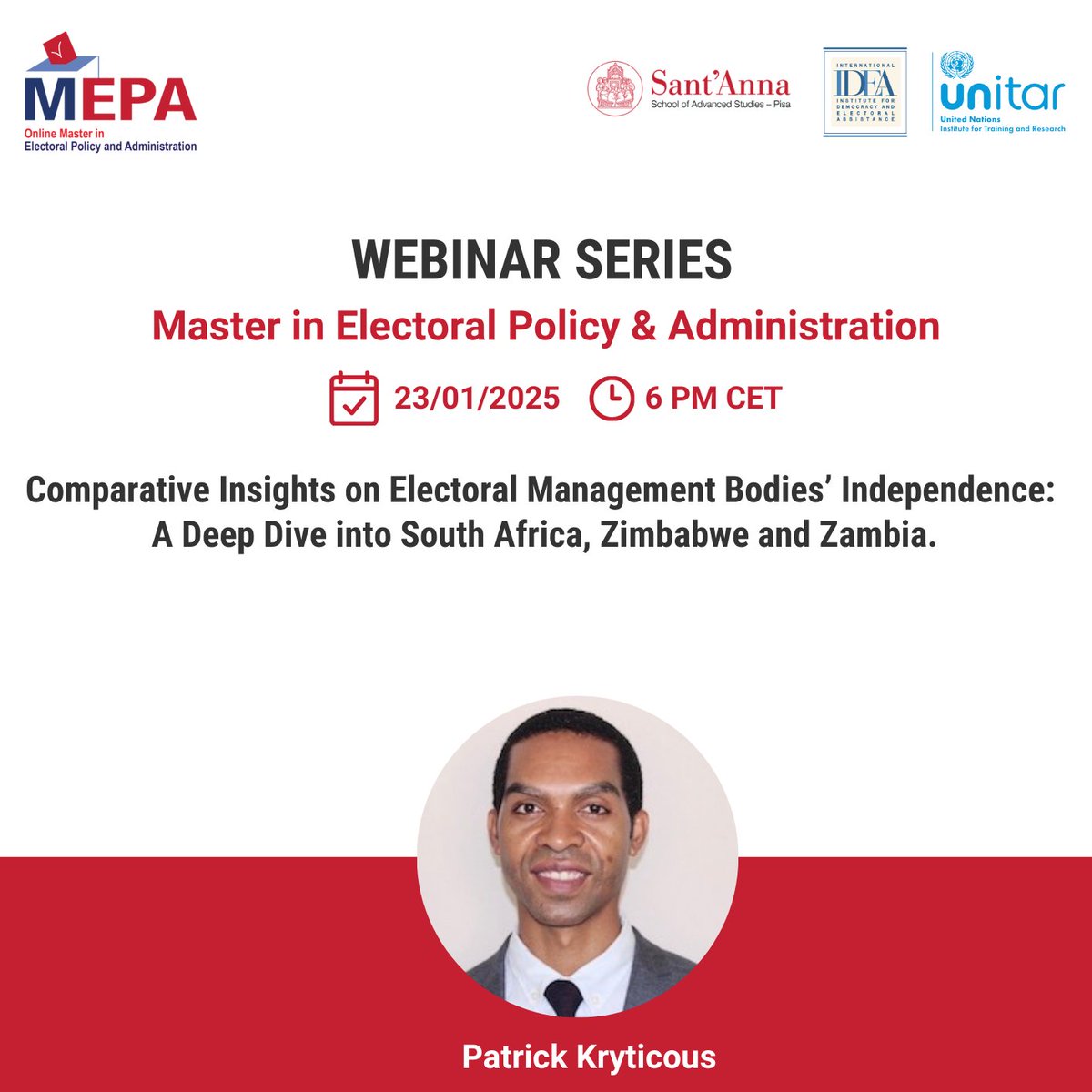 🌟 Join us for the 2nd MEPA Webinar this Fall Semester!
📅 Date: 23 January 2025
⏰ Time: 6 PM CET

Topic: Comparative Insights on Electoral Management Bodies’ Independence. 

🔗 Register Now: lnkd.in/ecbPTGXz 

<a href="/SantAnnaPisa/">SantAnnaPisa</a> <a href="/UNITAR/">UNITAR</a> <a href="/Int_IDEA/">International IDEA</a>