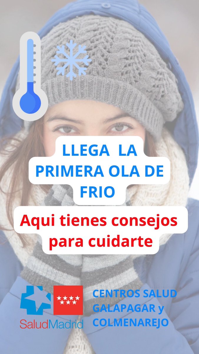 Ola de frío, sigue estos consejos. 
1.Abrígate bien: Usa capas, gorro y guantes. .
2.Hidratación: Bebidas calientes.
3.Evita el frío extremo: 
4.Cuida tu piel: Usa crema hidratante.
5.Manténla casa a 20-22º Ventila brevemente. #oladefrio  #atencionprimaria
