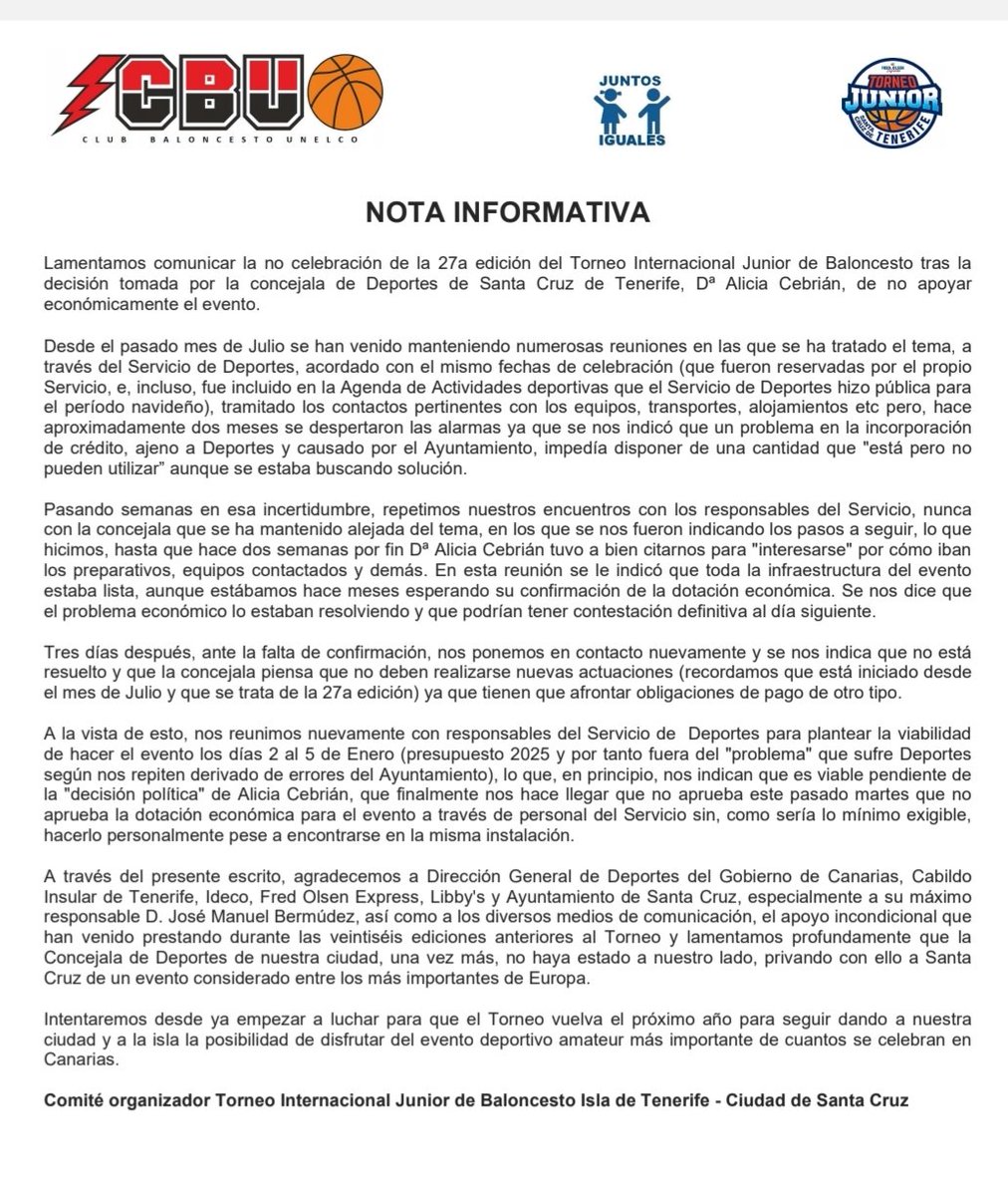 Suspendida la 27a edición del Torneo Internacional de Baloncesto Junior Ciudad de Santa Cruz - Isla de Tenerife al no contar con el apoyo económico de la Concejalía de Deportes