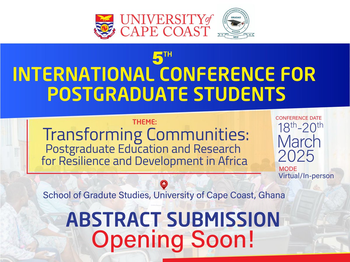 📢 5th International Conference for Postgraduate Students
📅 18th - 20th March 2025 | 🌍 Virtual &amp; In-Person
🎯 Abstract Submission Opens Soon!
Postgraduate students, start preparing your abstracts. Stay tuned for updates!
#UCCConference #PostgraduateResearch #AcademicExcellence