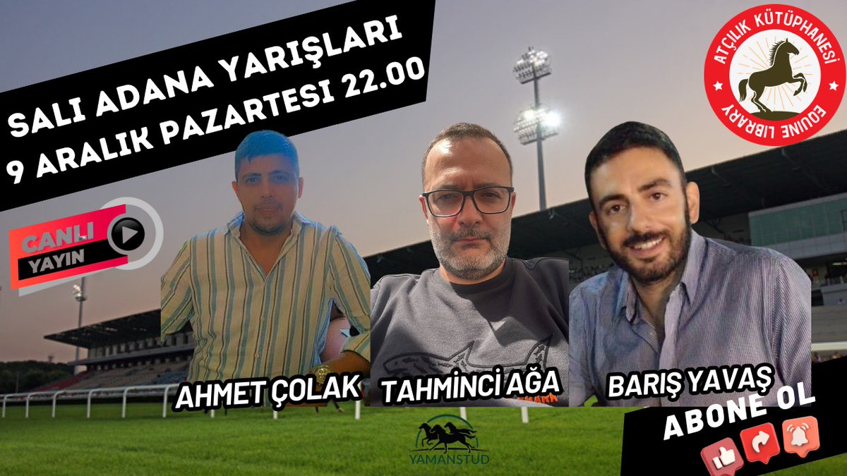 AtcilikKtp's tweet photo. Yaman Stud (@yamanstud3385) Katkılarıyla...             

📢 Atçılık Kütüphanesi’nde Bu Akşam 👇

⏰ 22:00
📍 ADANA
🗣️ AHMET ÇOLAK (@Ahmetcolakkkkkk) ve BARIŞ YAVAŞ (@b_yavas)
📺 https://t.co/mqFFX8XqVg

🔗 Bildirimleri açmayı unutmayınız. 🤗 https://t.co/xHidXKz40D