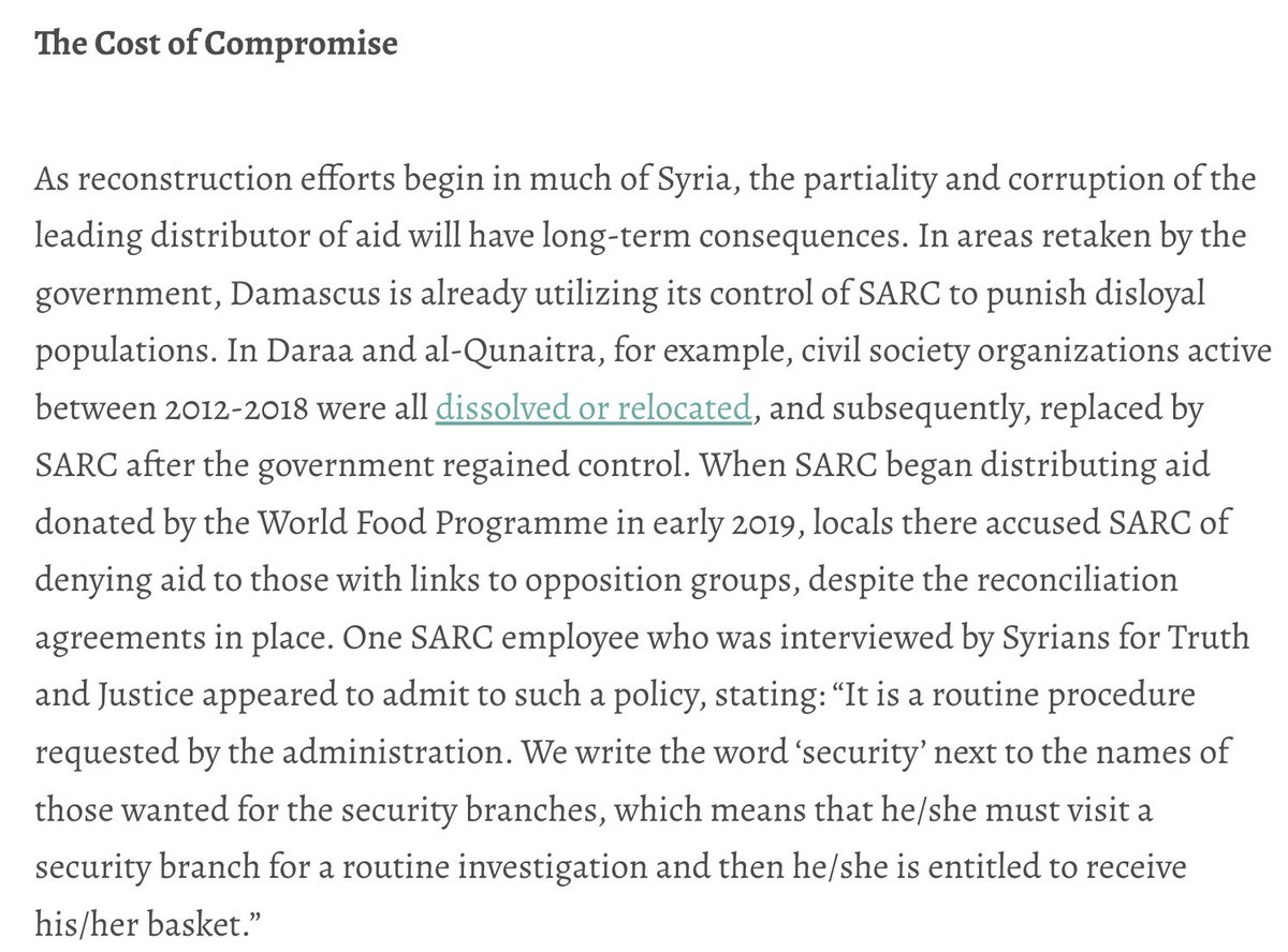 AulaA (@aulaab) on Twitter photo A genuine concern - SARC was complicit with regime actions as per 2019 expose by <a href="/STJ_SYRIA_ENG/">Syrians for Truth & Justice</a> <a href="/STJ_SyriaArabic/">سوريون من أجل الحقيقة والعدالة</a> & 2023 from <a href="/snhr/">Syrian Network</a> & others.
Next step is to rebuild #trust given the scale of need & million of aid funds skimmed
syriaaccountability.org/inside-the-syr…
snhr.org/blog/2023/12/2… A genuine concern - SARC was complicit with regime actions as per 2019 expose by <a href="/STJ_SYRIA_ENG/">Syrians for Truth & Justice</a> <a href="/STJ_SyriaArabic/">سوريون من أجل الحقيقة والعدالة</a> & 2023 from <a href="/snhr/">Syrian Network</a> & others.
Next step is to rebuild #trust given the scale of need & million of aid funds skimmed
syriaaccountability.org/inside-the-syr…
snhr.org/blog/2023/12/2…